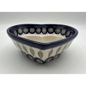 Blue Rose Polish Pottery Heart Shaped 6” Bowl Peacock Hand Painted Boleslawiec